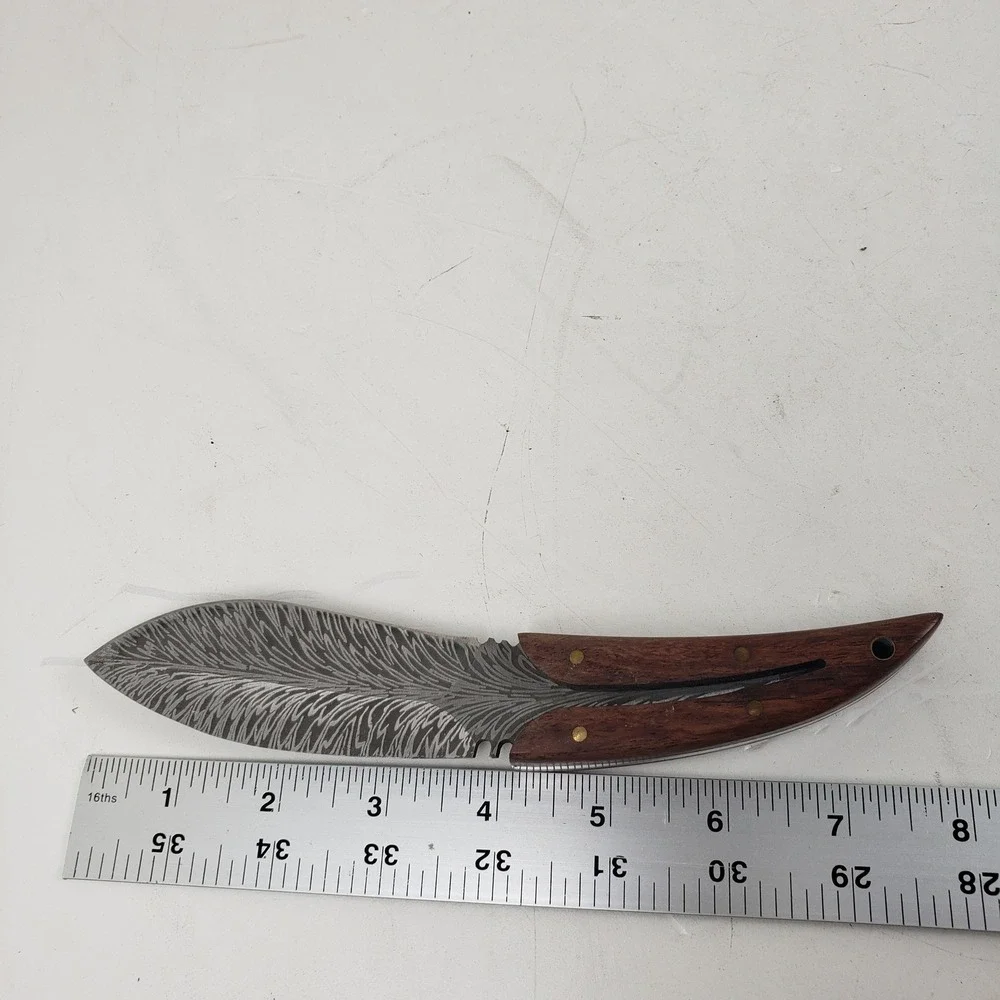 Custom Damascus Steel Feather Blade Hunting Knife Wood Handle Leather Sheath 8in